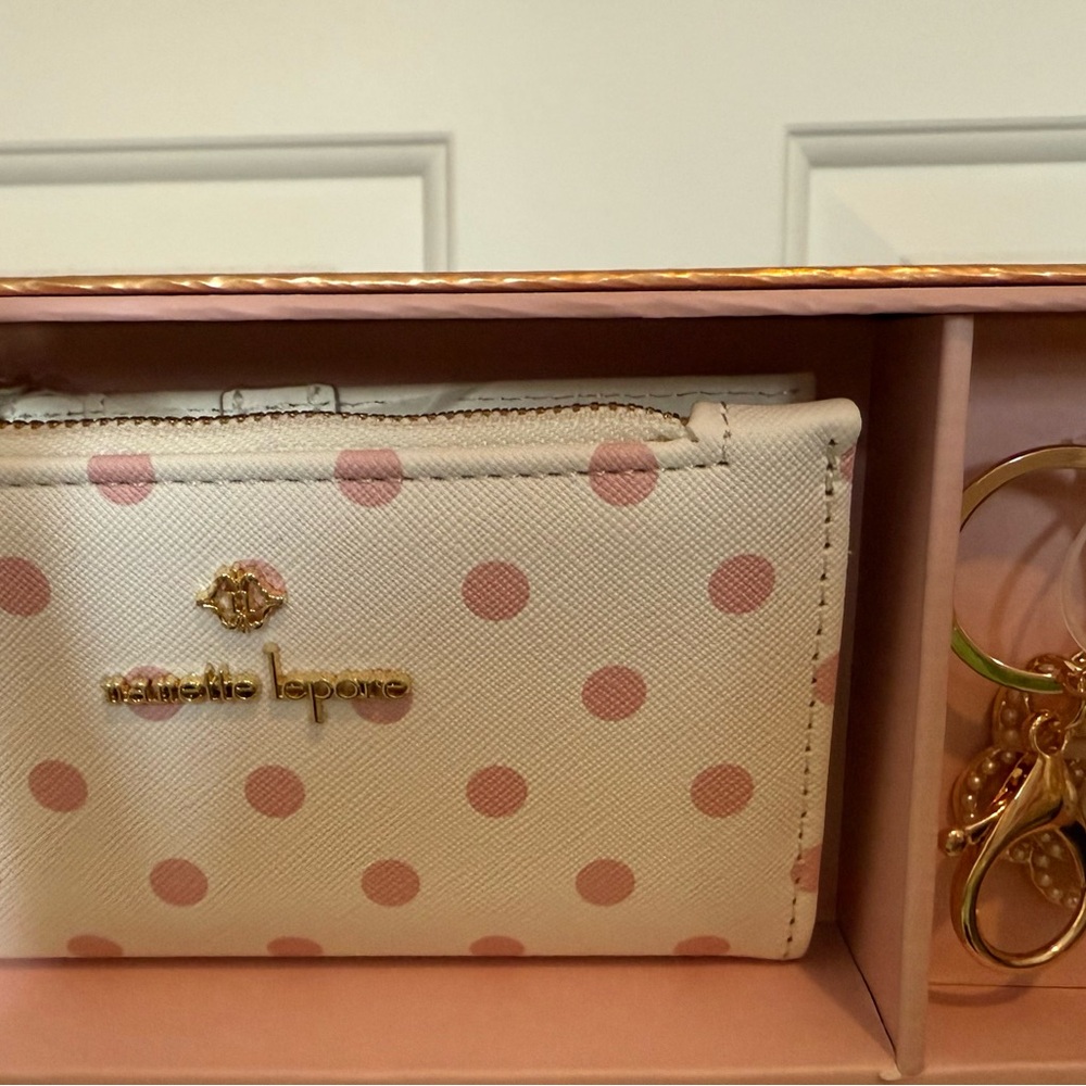 Nanette Lepore Cream and Pink Polka Dot Mini Wallet & Charm